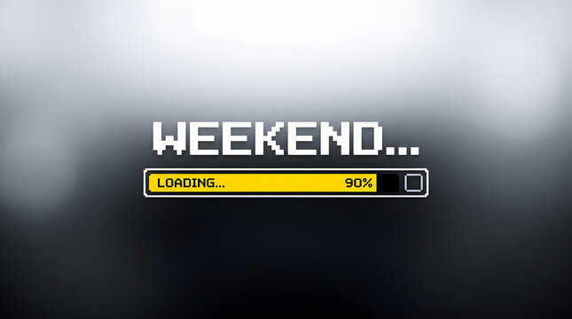 Loading Weekend Concept with Pixelated Text and Progress Bar on Gradient Background