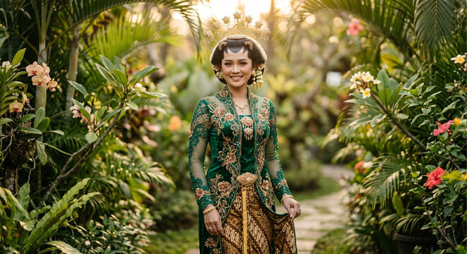 Beautiful Sundanese Woman Wearing Traditional Kebaya and Batik in a Tropical Garden