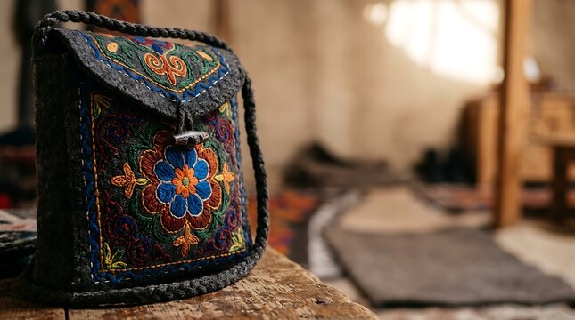 Traditional handcrafted embroidered felt bag in a rustic interior