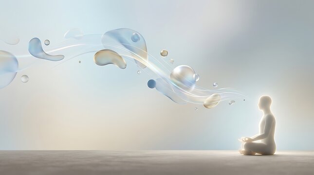 Glowing person meditating in lotus pose with ethereal energy flow