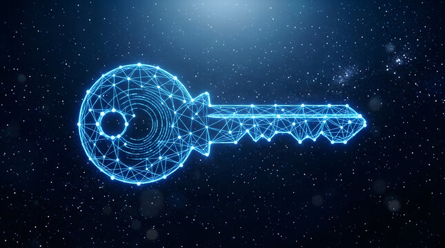 Glowing Blue Neon Key with Geometric Pattern on Starry Night Sky Background with Bright Light