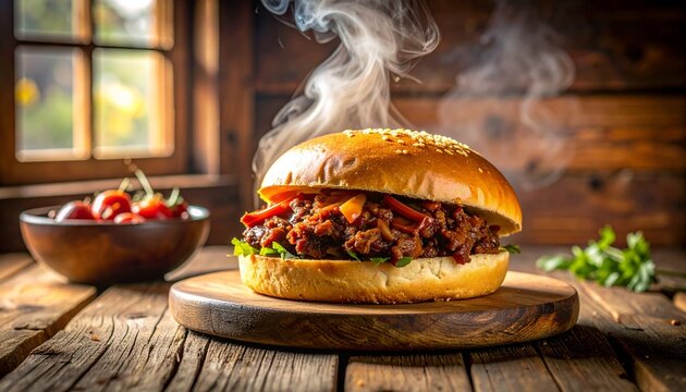 Freshly cooked Sloppy Joe sandwich served on an old wooden table, steaming hot with thick natural steam, glossy beef filling