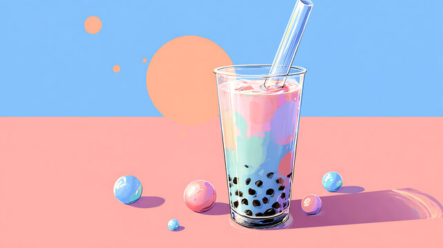 Refreshing colorful drink with tapioca pearls and straw isolated on pastel background