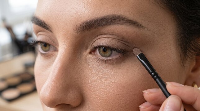 Close-up of a person applying eye shadow with a brush, showcasing a makeup application process