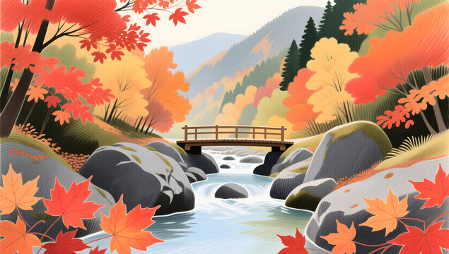 Liqiu maple ravine watercolor seasonal illustration