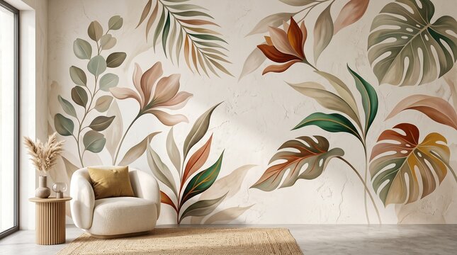 Botanical mural featuring large leaves and flowers creating a serene and elegant wall art for interior decor