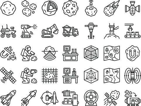Space mining and asteroid exploration icon set with futuristic industrial equipment space based operations