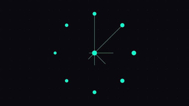 Minimalist radial loading spinner animation with rotating cyan dots and connecting lines on dark 4k background