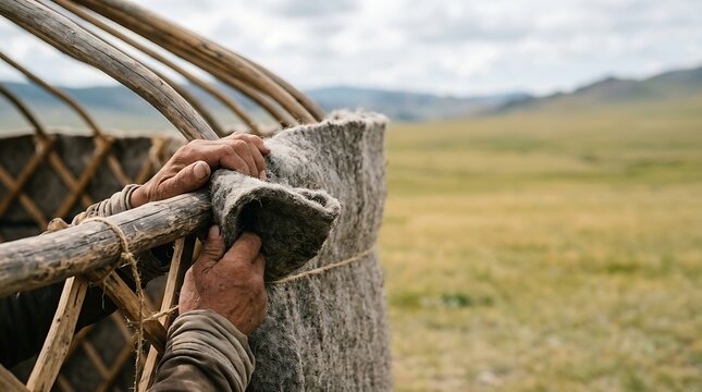 Hands of a nomad assembling a traditional yurt on the steppe