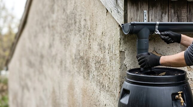Worker installing rainwater harvesting system with gutter and barrel
