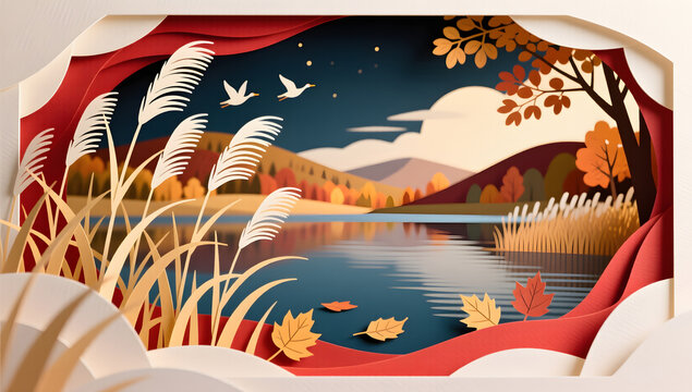 Autumn Equinox birds reeds illustration background