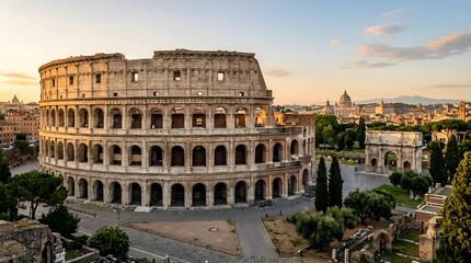 Fototapeta premium Majestic ancient amphitheater at sunset with rome city skyline
