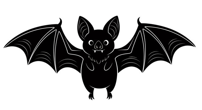 Black silhouetted bat illustration featuring a nocturnal mammal with outstretched wings in a playful cartoon style.