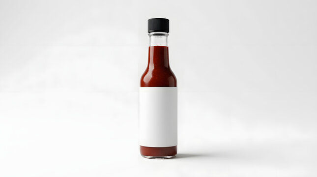 Red sauce glass bottle with blank label on white background with bottle filled white surface copy space top view presentation condiment with packaging