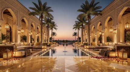 Naklejka premium Luxurious outdoor lounge area with elegant arches, ornate lanterns, palm trees, and a reflective pool at sunset.