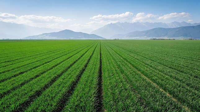 Vast green agricultural field with rows of crops under a bright sky and mountains in the background.