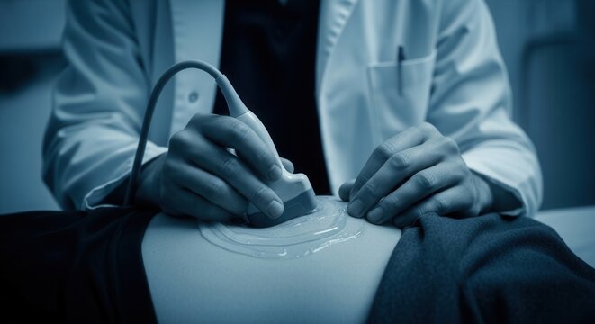 Close-up of a doctor performing an abdominal ultrasound examination on a patient with gel applied to the skin.
