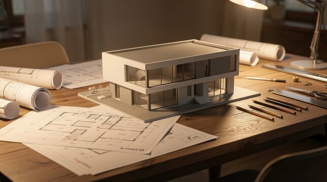 A modern architectural model of a two-story house sits on a wooden table surrounded by blueprints, drafting tools, and rolled-up plans in a well-lit workspace.