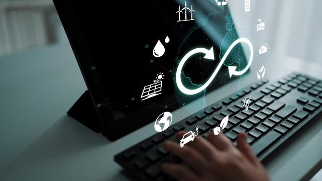 Digital transformation concept with sustainable energy icons representing renewable resources, technology integration, and environmental responsibility on modern computer screen. Entropy.