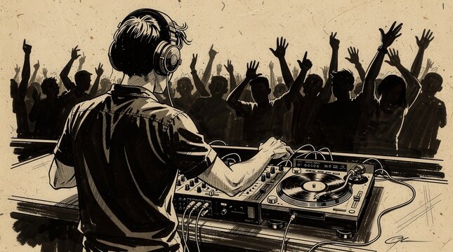 A DJ wearing headphones performs live, mixing music on turntables as a lively crowd raises their hands in excitement at a concert or party.