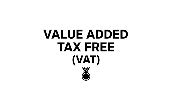 Minimalist typographic illustration of "Value Added Tax Free (VAT)" with a medal icon, symbolizing tax exemption, financial savings, and commercial benefits, isolated on a white background.