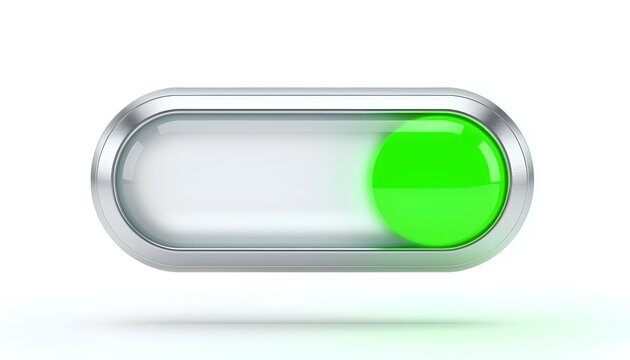 3D illustration of a floating futuristic UI toggle switch in the on position made of frosted glass and metal with a neon green indicator