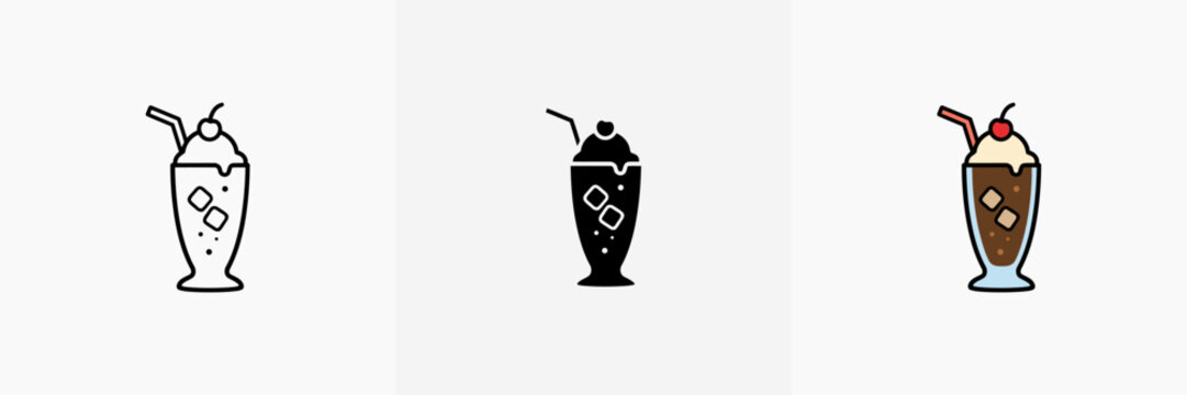 Milkshake root beer float icon set with three variations in thin outline solid black and flat color design styles showing a glass with straw whipped cream and cherry topping for cafe menu art.