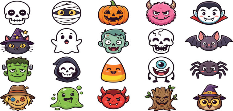 Chibi Halloween Monster Avatar Face Icon Pack with Cute Colorful Cartoon Vector Illustrations for Kids Game Assets, Holiday Sticker Sheets, and Spooky Seasonal Graphic Templates
