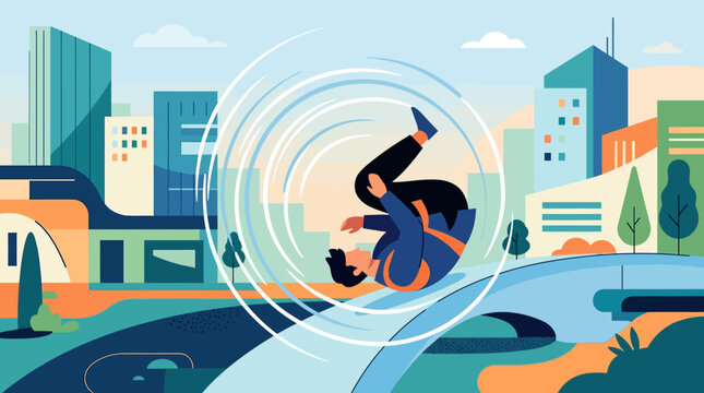 Parkour runner performs a backflip against the backdrop of a stylized modern city skyline during a sunny day.