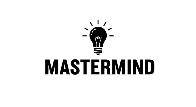 A minimalist design featuring a light bulb icon above the word "MASTERMIND," representing creativity, ideas, and intelligence.