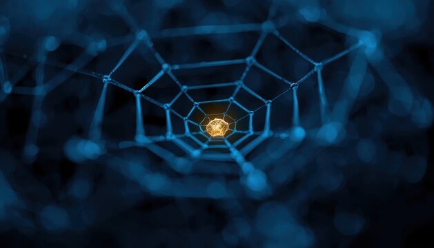 Abstract digital spider web network connection with glowing center node connection technology internet abstract communication structure geometric wireframe interconnected information