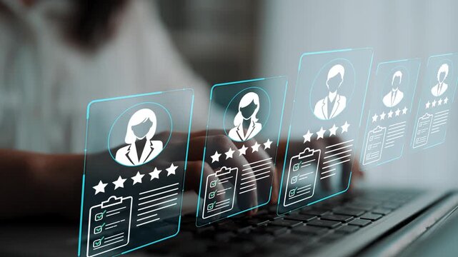 Business professional using digital interface for managing employee profiles and performance evaluations with rating stars and resume details displayed on screen. Entropy.
