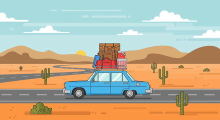 Fototapeta premium Desert Road Trip: Car Loaded with Luggage Driving Through Arid Landscape