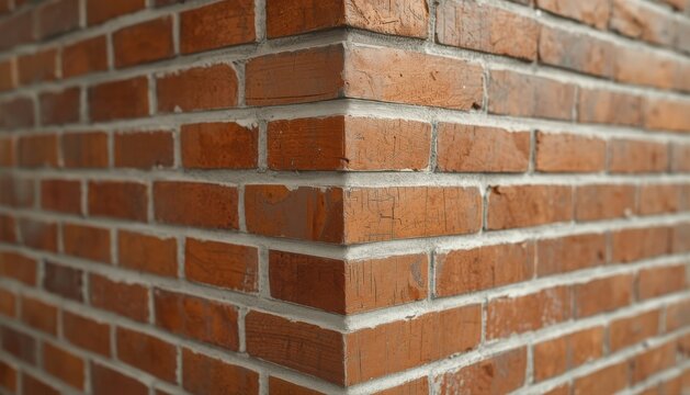 Corner of a rough red brick building wall with building architecture structure exterior construction material industrial background backdrop architectural cladding horizontal finished