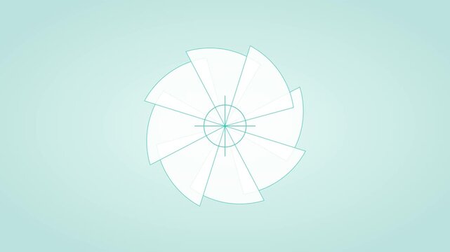 Rotating abstract geometric fan animation on minimalist light blue 4k background, motion