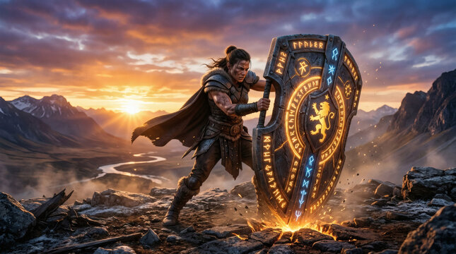 Warrior Woman Holding Ancient Rune Shield in Majestic Mountain Sunrise