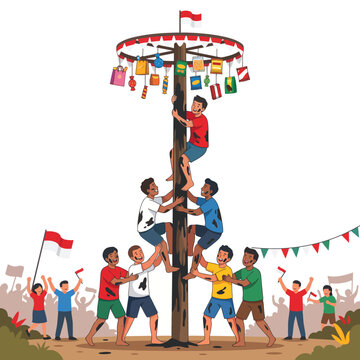 Indonesian Independence Day celebration with people playing traditional panjat pinang greasy pole climbing game illustration