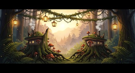 Magical fantasy forest houses built into mossy tree stumps with glowing lanterns hanging in the woods © Md Mojammel