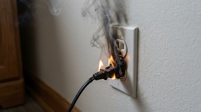 Electrical Fire at Wall Outlet with Smoking Plug