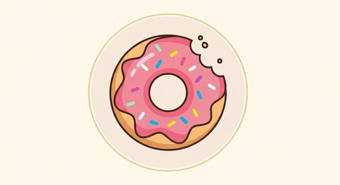 Pink frosted donut with sprinkles and bite mark.