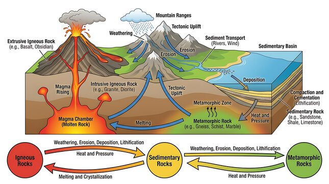 Comprehensive Educational Diagram of a Volcano Structure and Geological Volcanic Process