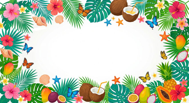 Tropical summer frame with exotic fruits and palm leaves, vibrant botanical border with hibiscus flowers and butterflies, colorful island vacation vector