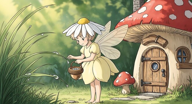 Small fairy with a daisy hat gathering dew drops in a tiny acorn basket garden
