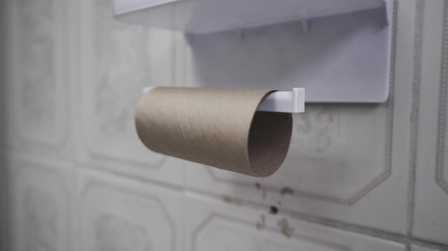 Finished toilet paper roll spinning on a white plastic holder in a bathroom. Human hand touching the empty cardboard tube, running out of paper