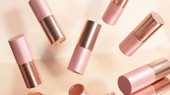 Pink and gold lipstick tubes floating in the air on a soft light background. luxury lipstick boxes
