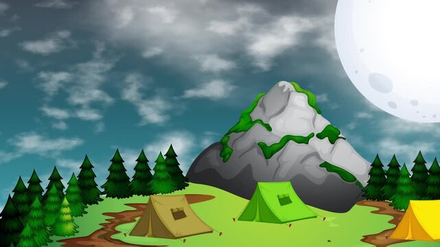 Cartoon Night Camping Scene with Drifting Clouds and Full Moon