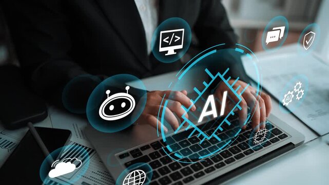 Businessperson Engaging with Artificial Intelligence Concepts while Using Laptop in Modern Office Environment. Entropy.