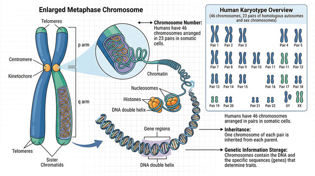 Detailed Biological Diagram of Human Chromosome Structure and Genetic Karyotype Overview for Science Education
