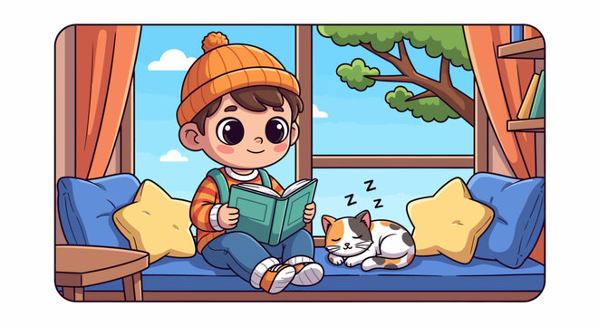 Child Reading Book With Cat By Window.