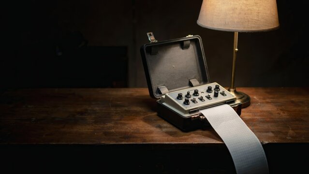 Vintage polygraph machine on wooden table with lit lamp, control knobs, paper strip, investigative atmosphere interior design ‑ flat vector illustration